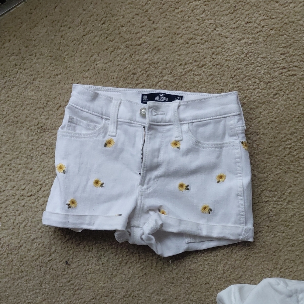 Hollister White Jean Shorts with Yellow Floral Accents